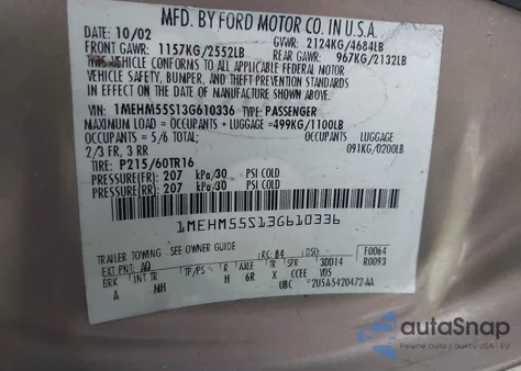 2003 Mercury Sable Ls Premium z USA, uszkodzony, nr VIN 1MEHM55S13G610336